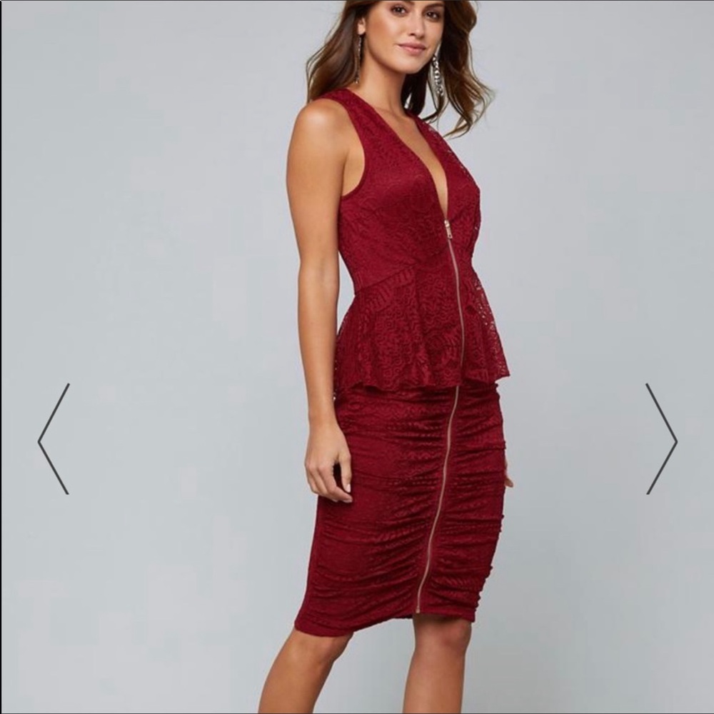 Red DRESS BEBE XXS/0 LACE ZIP FRONT MIDI